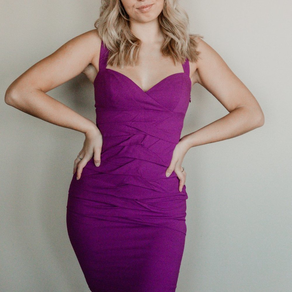 Purple Ruched Nicole Miller Midi Dress